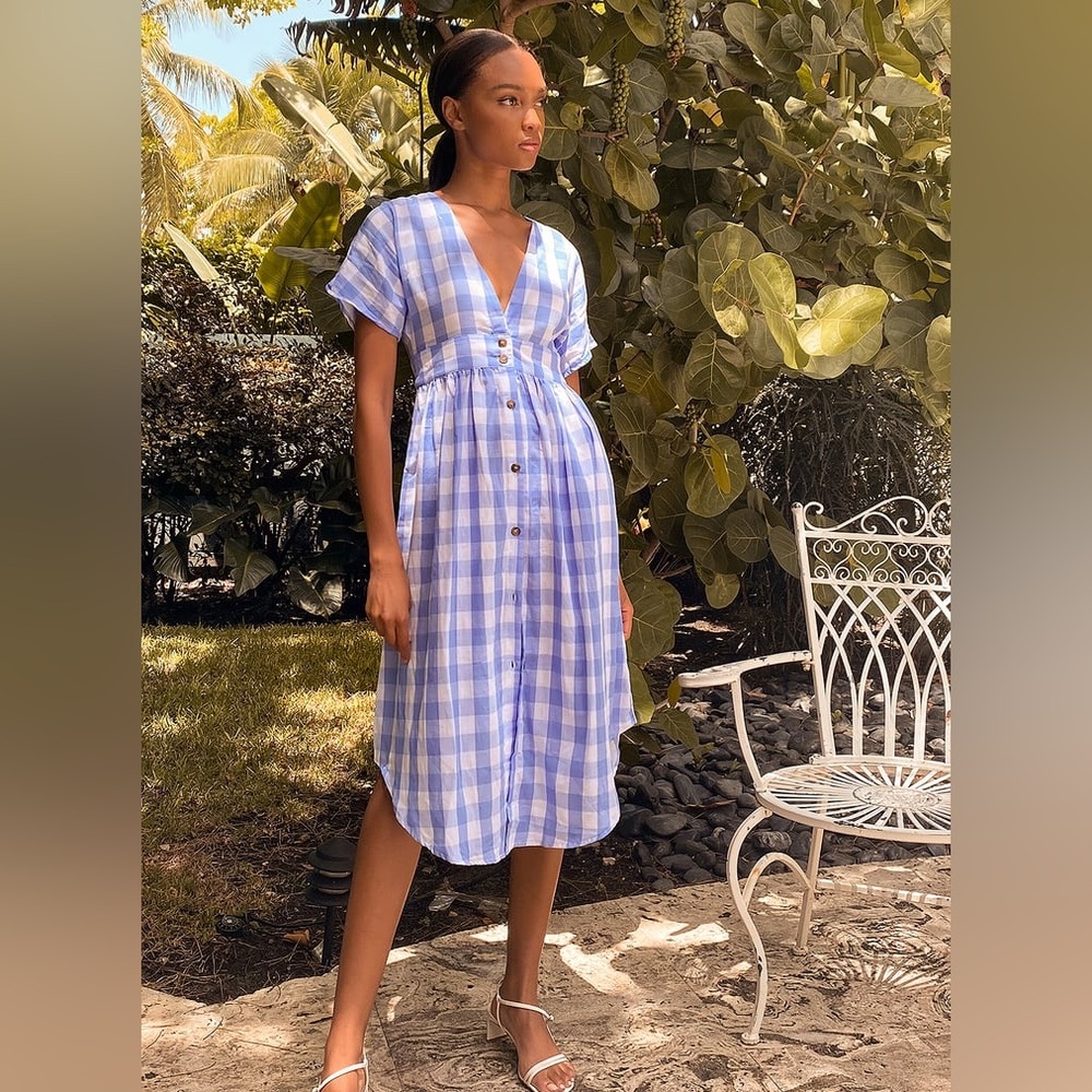 Lulus Blue and White Gingham Button-Front Midi Dress, NWOT, size M